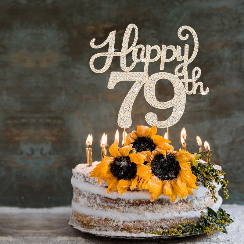 LASKYER Happy 79th Birthday Decorations,79th Birthday Gold Rhinestone Cake Topper - Cheers to 79 Years Old Bday Party Metal Sparkly Cake Centerpieces Sign. - Image 4